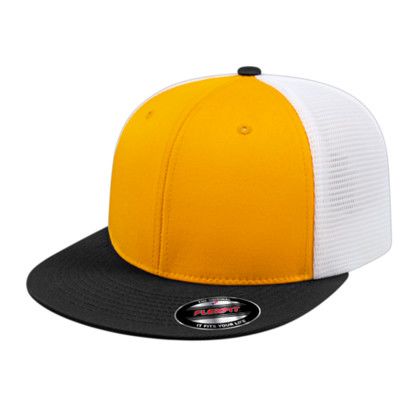Custom Flexfit Performance Trucker Mesh Back Cap - Genuine Leather Applique - Athletic gold/black/white_S/M