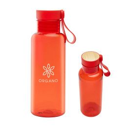 Custom 20 oz. Cade RPET Bottle With Bamboo Accent Lid And Silicone Easy Carry Handle - Translucent Red 