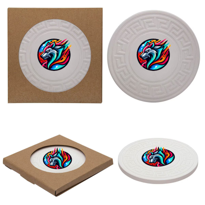 Custom Round Greek Key Absorbent Stone Coaster - Full Color - Natural Cream 