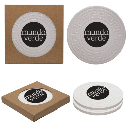 Custom Round Greek Key Absorbent Stone Coaster Duo - Natural Cream 