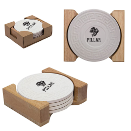 Custom Round Greek Key Absorbent Stone Coaster Set - Natural Cream 