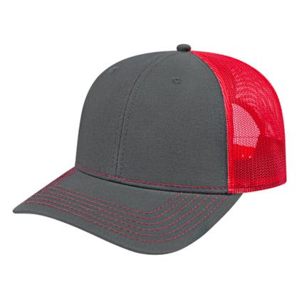 Custom Custom Trucker Mesh Back Cap - Faux Leather Applique - Charcoal with red Custom Custom Trucker Mesh Back Cap - Faux Leather Applique - Charcoal with red