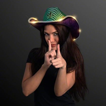 Custom Light Up Mardi Gras Cowboy Hat with Black Band - Purple-Green-Gold Lifestyle View 