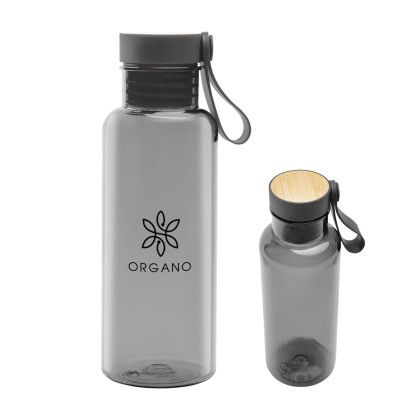 Custom 20 oz. Cade RPET Bottle With Bamboo Accent Lid And Silicone Easy Carry Handle - Translucent Charcoal 