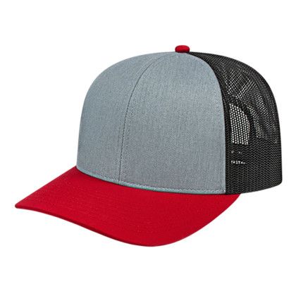 Custom Poly/Cotton Trucker Mesh Back Cap - Genuine Leather Applique - Heather/Red/Black