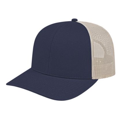 Custom Mesh Back Trucker Cap with Modified Flat Visor - Navy/stone