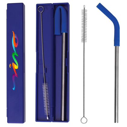 Custom Stainless Steel Metal Straw Set - Full Color - Blue/Blue 