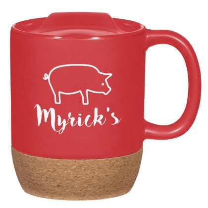 Red Custom Logo Printed Ceramic Travel Mugs | 14 oz Personalized Cork Base Travel Mug | Personalized Medium Travel Mugs