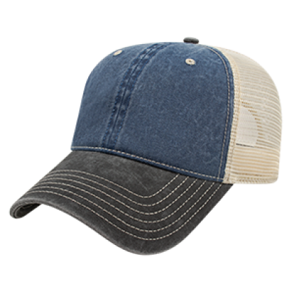 Custom Washed Pigment Dyed with Washed Trucker Mesh Cap - Genuine Leather Applique - Navy/Stone /Black 
