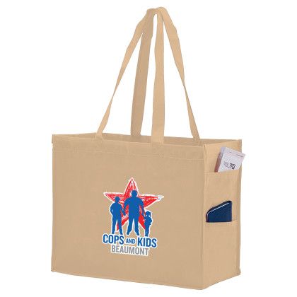 Custom Tote Bag with Side Pockets - Large - Full Color Imprint - Tan Custom Tote Bag with Side Pockets - Large - Full Color Imprint - Tan