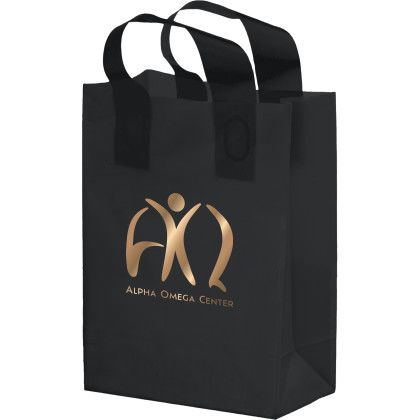 Custom 10 x 13 Frosted Shopping Bag with Gusset - Foil Stamp - Black Custom 10 x 13 Frosted Shopping Bag with Gusset - Foil Stamp - Black