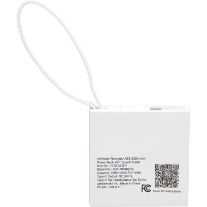 Custom Recycled 2,000 mAh Power Bank with Type-C Cable - White Back View