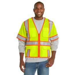 Custom CornerStone ANSI 107 Class 3 Surveyor Mesh Zippered Two-Tone Short Sleeve Vest - Safety Yellow Front view