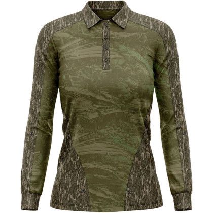 Custom Mossy Oak Women's 4.4 oz Polyester Interlock Long Sleeve Polo Shirt - MO-Bottomland Front view