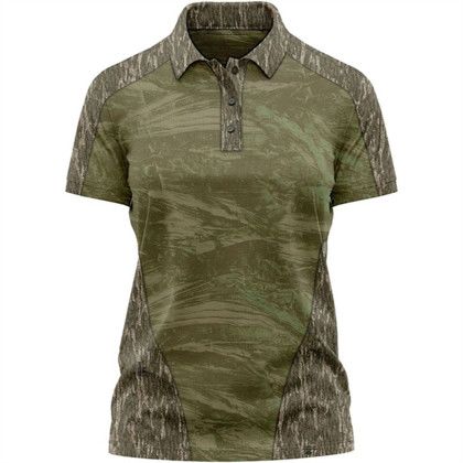 Custom Mossy Oak Women's 4.4 oz. Polyester Interlock Raglan Polo Shirt - MO-Bottomland Front view Custom Mossy Oak Women's 4.4 oz. Polyester Interlock Raglan Polo Shirt - MO-Bottomland Front view