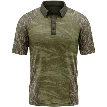 Custom Mossy Oak Men's 4.4 oz. Polyester Interlock Raglan Polo Shirt - MO Bottomland Front view Custom Mossy Oak Men's 4.4 oz. Polyester Interlock Raglan Polo Shirt - MO Bottomland Front view