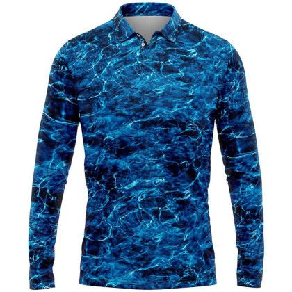 Custom Mossy Oak Men's 4.4 oz. Polyester Interlock Long Sleeve Polo Shirt, UPF 50+ - MO Elements Marlin Front view