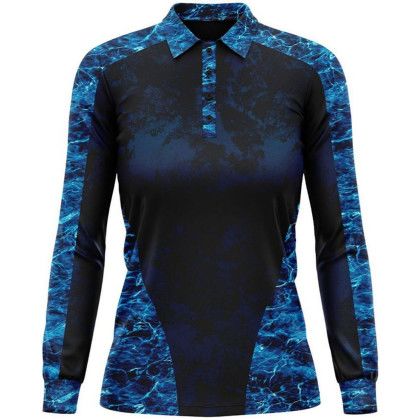 Custom Mossy Oak Women's 4.4 oz. Polyester Interlock Long Sleeve Polo Shirt, UPF 50+ - MO Reef Marlin Front view