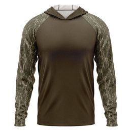Custom Mossy Oak Men's 4.4 oz. Polyester Interlock Raglan Hooded T-Shirt - MO Bottomland Brown Front view