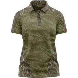 Custom Mossy Oak Women's 4.4 oz. Polyester Interlock Raglan Polo Shirt - MO-Bottomland Front view