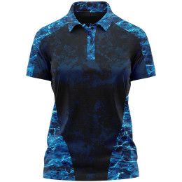 Custom Mossy Oak Women's 4.4 oz. Polyester Interlock Raglan Polo Shirt, UPF 50+ - MO Reef Marlin Front view