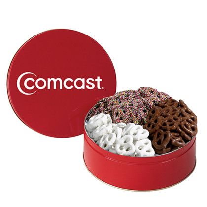 Custom Medium 3 Way Chocolate Pretzel Tin - Red Custom Medium 3 Way Chocolate Pretzel Tin - Red