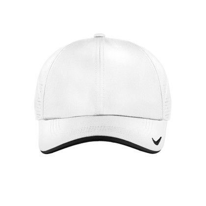 Custom Nike Dri-FIT Perforated Performance Cap - White & Black Front view Custom Nike Dri-FIT Perforated Performance Cap - White & Black Front view