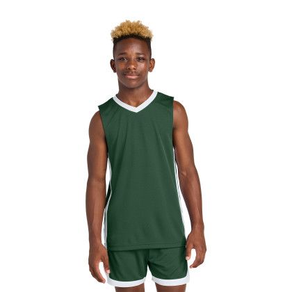 Custom Sport-Tek Youth Rival Basketball Rev Jersey - Forest Green/White Front view