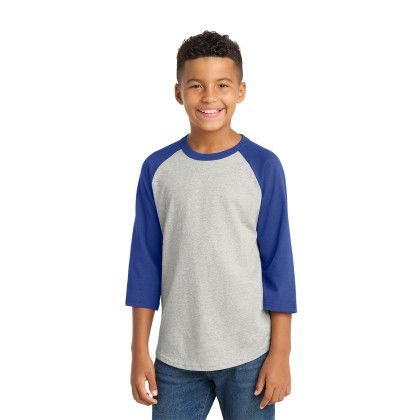 Custom Sport-Tek Youth Colorblock Raglan Jersey - Heather Grey/Royal Front view
