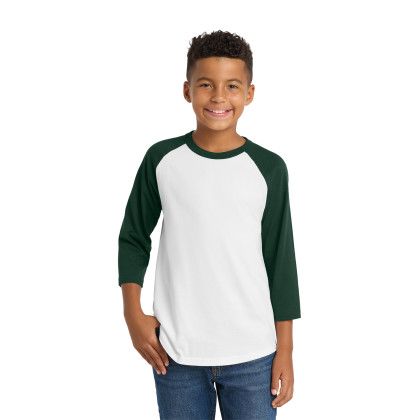 Custom Sport-Tek Youth Colorblock Raglan Jersey - White/Forest Front view