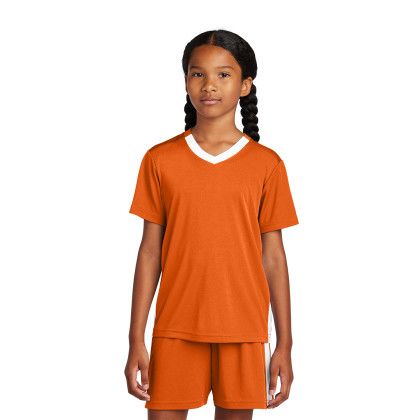 Custom Sport-Tek Youth Competitor United V-Neck - Deep Orange/White Front view