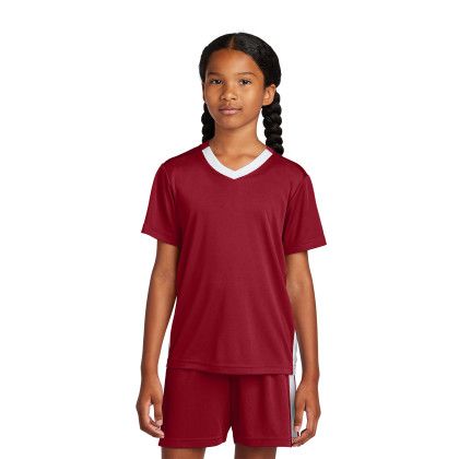 Custom Sport-Tek Youth Competitor United V-Neck - Deep Red/White Front view