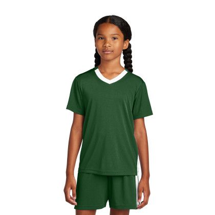 Custom Sport-Tek Youth Competitor United V-Neck - Forest Green/White Front view