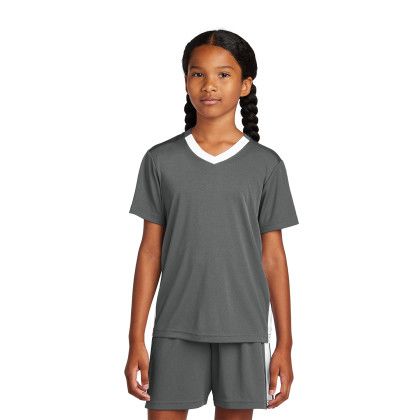 Custom Sport-Tek Youth Competitor United V-Neck - Iron Grey/White Front view