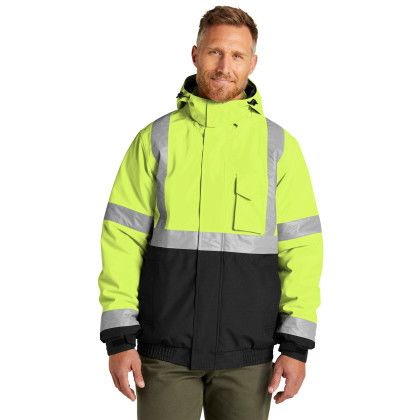 Custom CornerStone ANSI 107 Class 3 Economy Waterproof Insulated Bomber Jacket - Safety Yellow Front View 