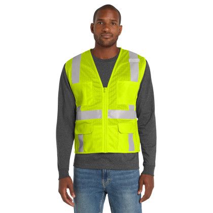 Custom CornerStone ANSI 107 Class 2 Mesh Six-Pocket Zippered Vest - Safety Yellow Front view