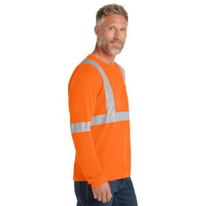Custom CornerStone ANSI 107 Class 2 Long Sleeve Safety T-Shirt - Safety Orange Reflective Side view Custom CornerStone ANSI 107 Class 2 Long Sleeve Safety T-Shirt - Safety Orange Reflective Side view