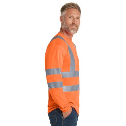 Custom CornerStone ANSI 107 Class 3 Long Sleeve Snag-Resistant Reflective T-Shirt - Safety Orange Side view Custom CornerStone ANSI 107 Class 3 Long Sleeve Snag-Resistant Reflective T-Shirt - Safety Orange Side view