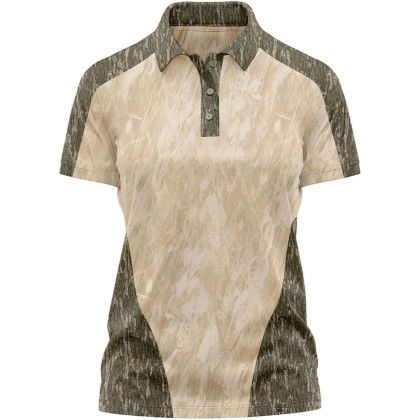 Custom Mossy Oak Women's 4.4 oz. Polyester Interlock Raglan Polo Shirt - Sand Grass-Bottomland Front View Custom Mossy Oak Women's 4.4 oz. Polyester Interlock Raglan Polo Shirt - Sand Grass-Bottomland Front View