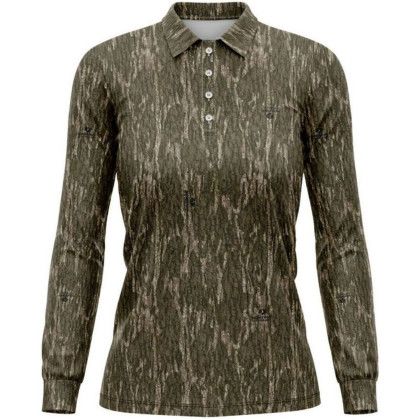 Custom Mossy Oak Women's 4.4 oz. Polyester Interlock Long Sleeve Polo Shirt - Mo-Bottomland Front View 
