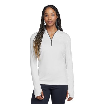Custom Nike Women's Dri-FIT Stretch 1/2-Zip Cover-Up - White/ Dark Grey Front view Custom Nike Women's Dri-FIT Stretch 1/2-Zip Cover-Up - White/ Dark Grey Front view