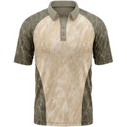 Custom Mossy Oak Men's 4.4 oz. Polyester Interlock Raglan Polo Shirt - Sand Grass-Bottomland Front View 