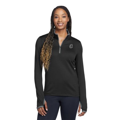 Custom Nike Women's Dri-FIT Stretch 1/2-Zip Cover-Up - Black/Dark-Grey Front view Custom Nike Women's Dri-FIT Stretch 1/2-Zip Cover-Up - Black/Dark-Grey Front view