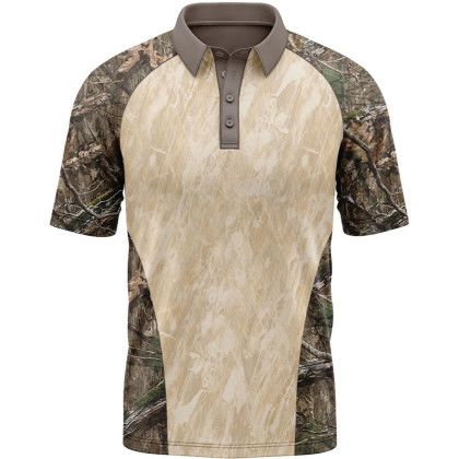 Custom Mossy Oak Men's 4.4 oz. Polyester Interlock Raglan Polo Shirt - Sand Grass-Country DNA Front View Custom Mossy Oak Men's 4.4 oz. Polyester Interlock Raglan Polo Shirt - Sand Grass-Country DNA Front View