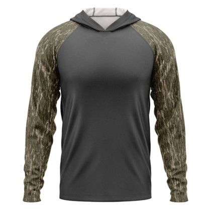 Custom Mossy Oak Men's 4.4 oz. Polyester Interlock Raglan Hooded T-Shirt - MO Bottomland Charcoal Front View 