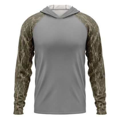 Custom Mossy Oak Men's 4.4 oz. Polyester Interlock Raglan Hooded T-Shirt - MO Bottomland Grey Front View 