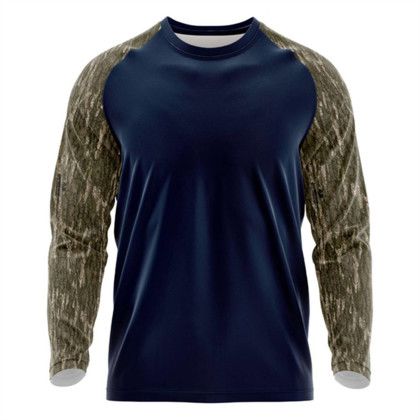 Custom Mossy Oak Men's 4.4 oz. Polyester Interlock Raglan Long Sleeve T-Shirt - Mo Bottomland-Navy Front View 