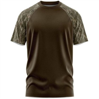 Custom Mossy Oak Men's Raglan 4.4 oz. Polyester Interlock T-Shirt - Mo Bottomland-Brown Front View 