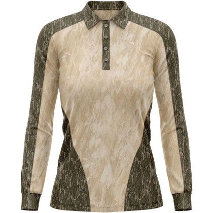 Custom Mossy Oak Women's 4.4 oz Polyester Interlock Long Sleeve Polo Shirt - Sand Grass-Bottomland Front View 