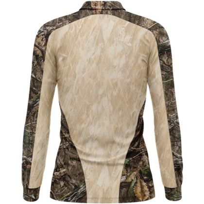Custom Mossy Oak Women's 4.4 oz Polyester Interlock Long Sleeve Polo Shirt - Sand Grass-Country DNA Back View 